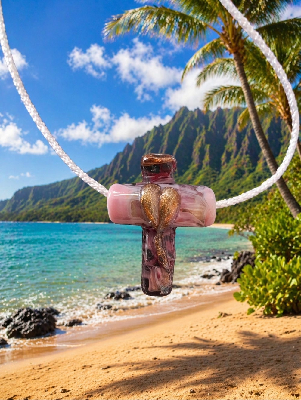 Handmade In Hawaii QPink Glass Cross Pendant with Gold Heart Accent